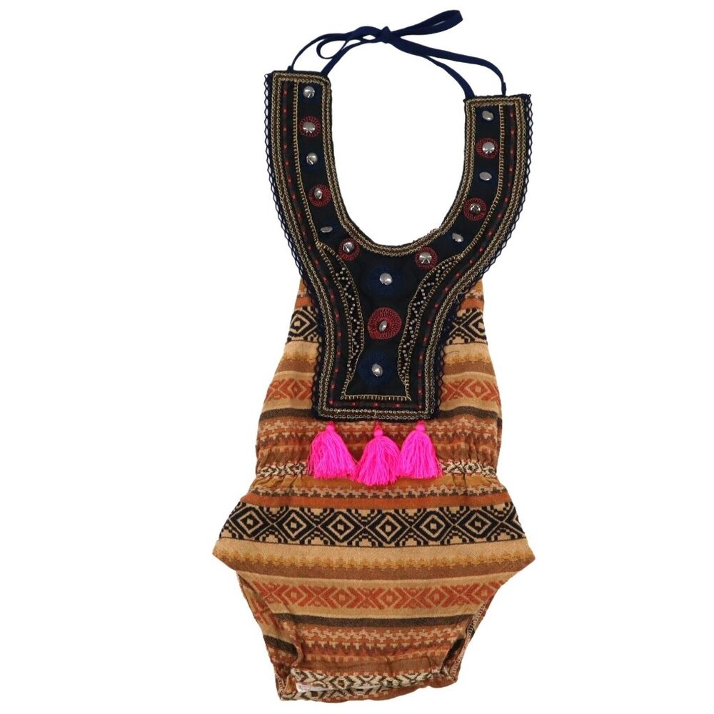 Label Jane Embellished Romper‎ Baby 12-18M Brown Festival Beach Resort Vacation